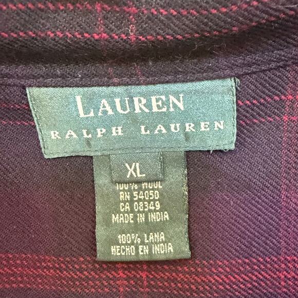 Lauren Ralph Lauren Wool Shirt Women XL Burgundy Plaid Long Sleeve Bloke Country - Picture 3 of 9
